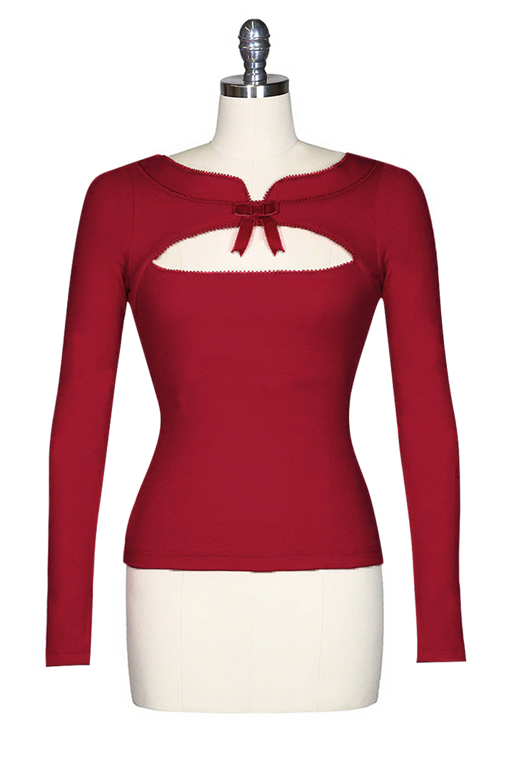 D'Amour Long Sleeve Peek-A-Boo Top (Red) - Kitten D'Amour