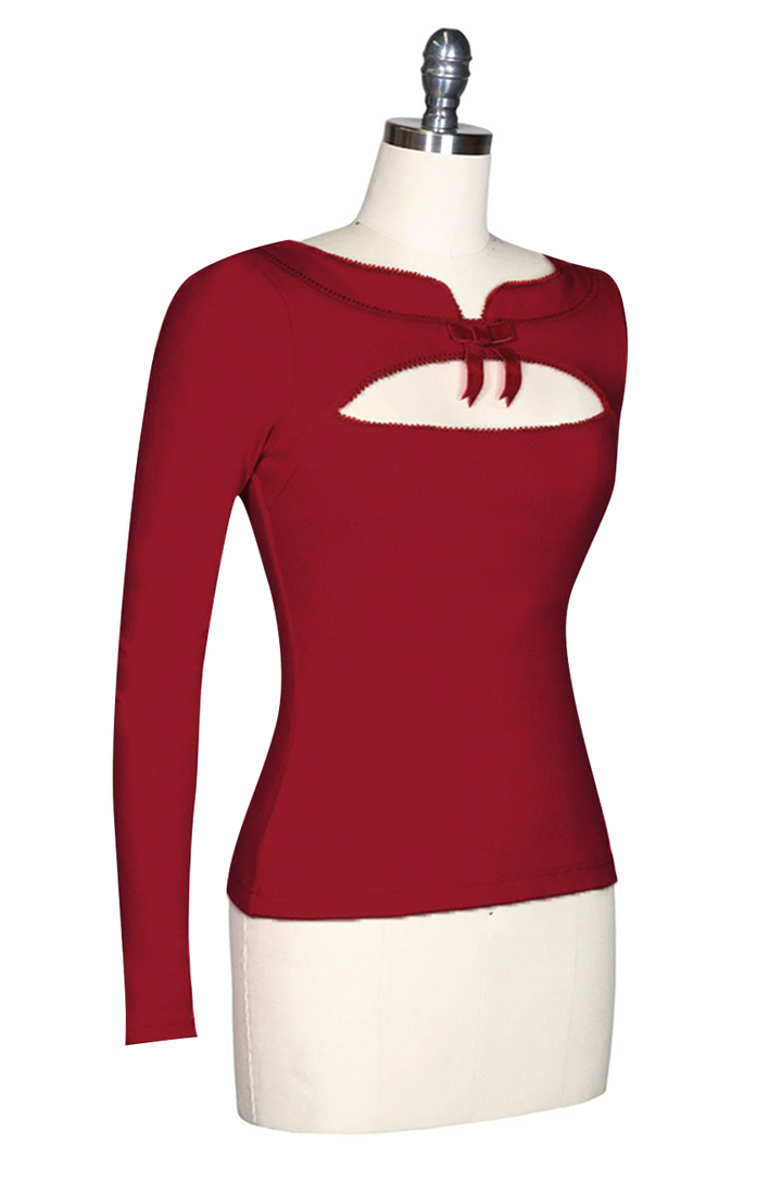 D'Amour Long Sleeve Peek-A-Boo Top (Red) - Kitten D'Amour