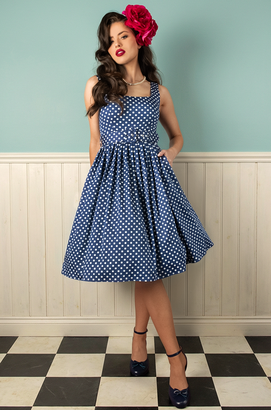 Buy Dottie Darling Dress Navy - Vintage 1950s Style by Kitten D'Amour Buy Dottie Darling Dress Navy - Vintage 1950s Style by Kitten D'Amour