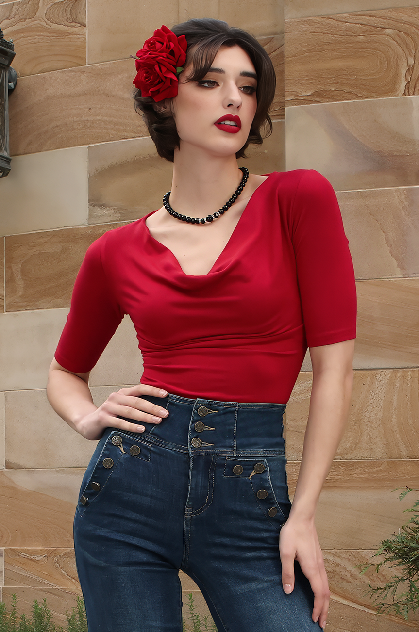 Manhattan Follies Cowl Neck Jersey Top (Red)