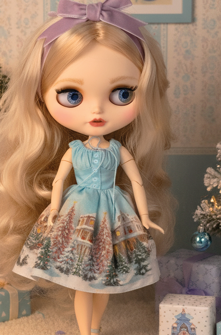 Doll with blonde hair and blue dress featuring winter scene, surrounded by Christmas decorations.