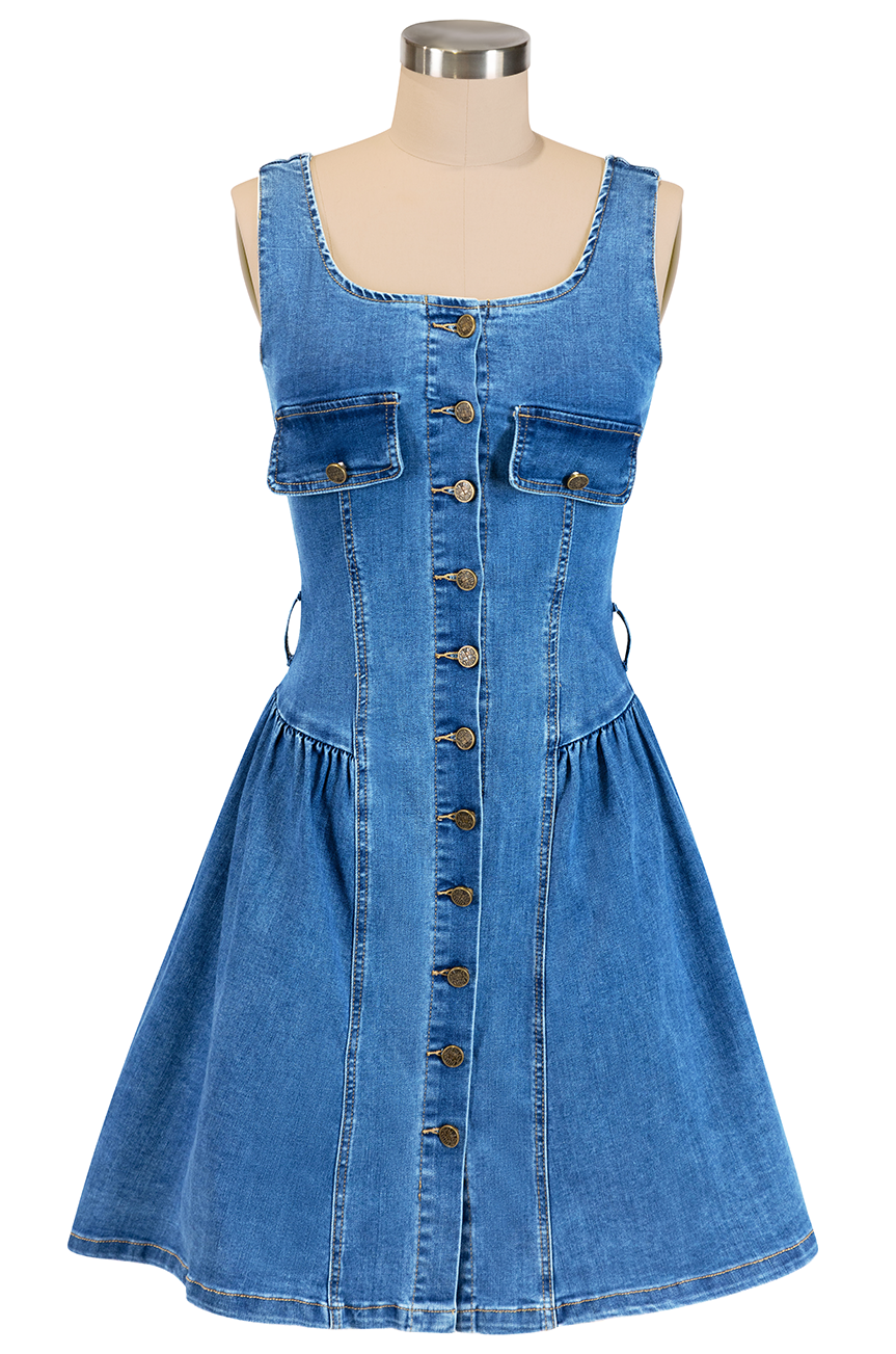 Buy Miami Denim Dress - Cute Vintage Summer Style with Flared Skirt by Kitten D'Amour Buy Miami Denim Dress - Cute Vintage Summer Style with Flared Skirt by Kitten D'Amour