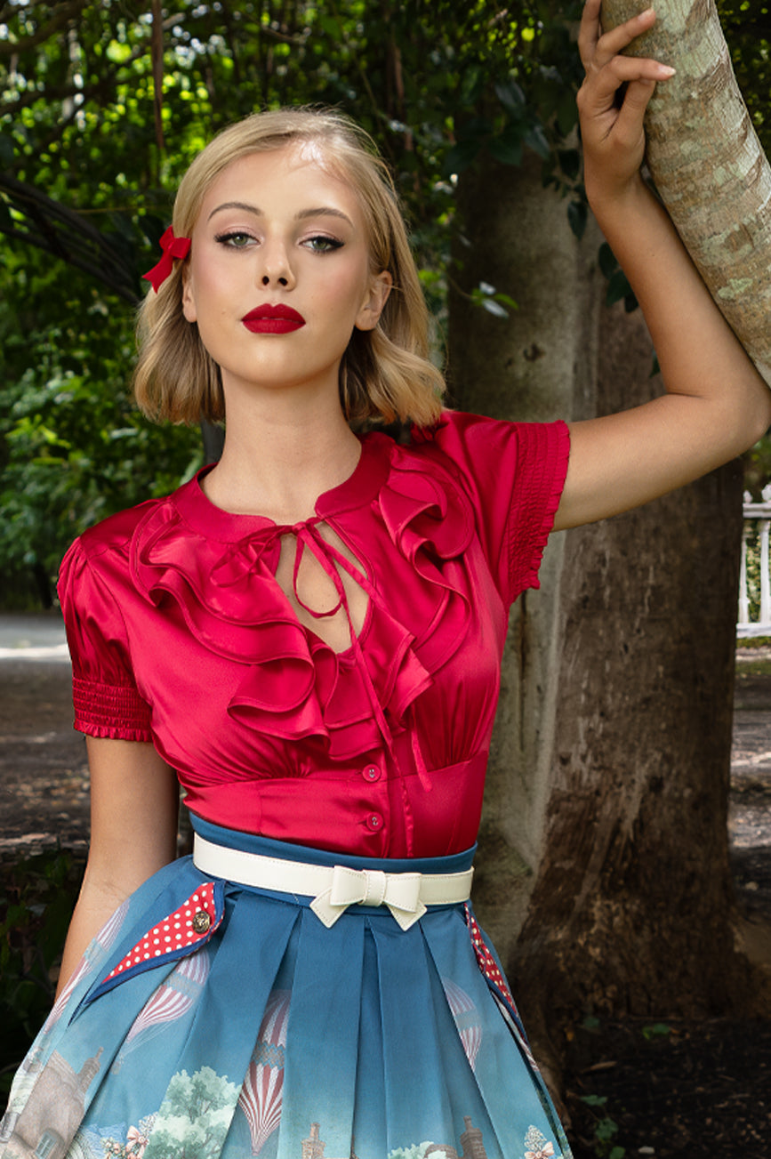 Buy D'Amour Satin Frill Front Blouse Red Elegant Ruffle Neckline Style ...