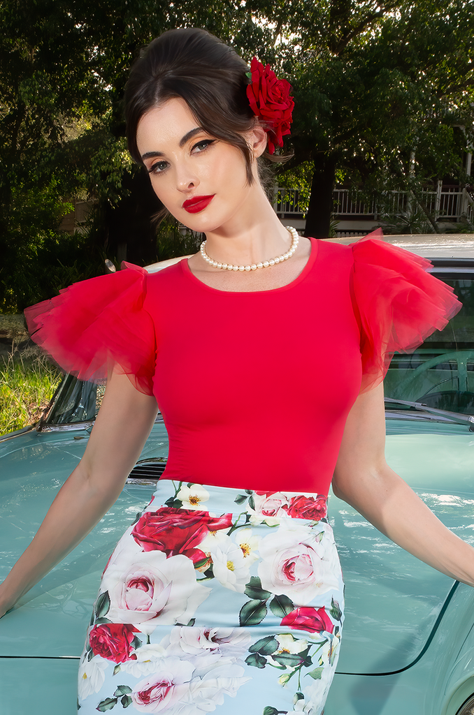 Tea Rose Tulle Sleeve Top (Red)