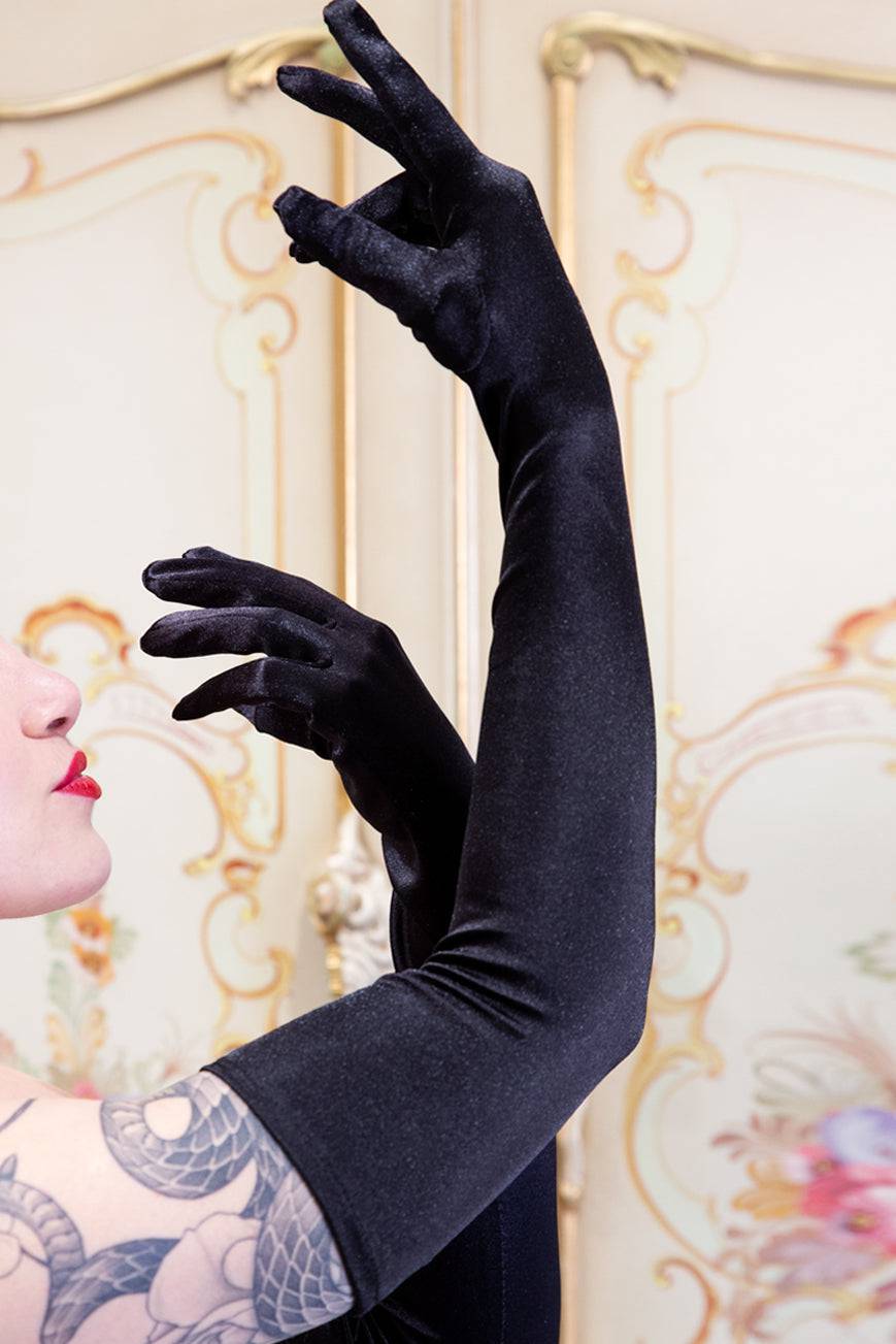 Night At The Opera Long Gloves (Satin Black) - Kitten D'Amour