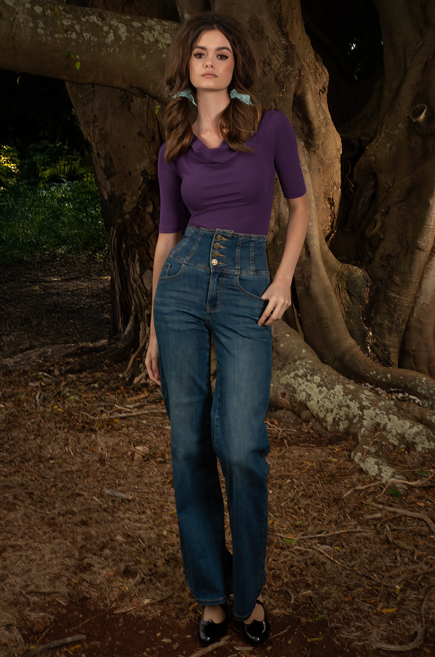 Manhattan Follies Cowl Neck Jersey Top (Purple) - Kitten D'Amour