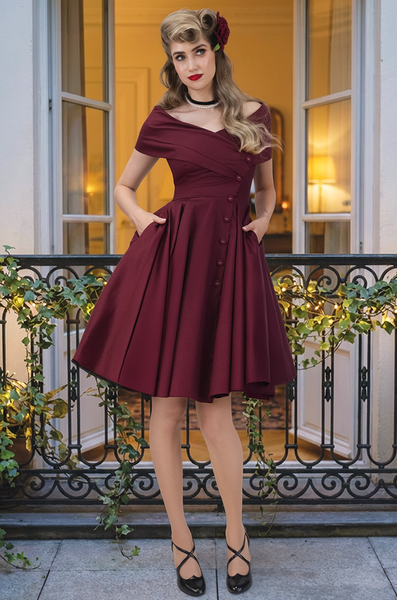 Buy D'Amour L'Avenue Dress Burgundy - Vintage Off-Shoulder Elegant Style Kitten D'Amour Buy D'Amour L'Avenue Dress Burgundy - Vintage Off-Shoulder Elegant Style Kitten D'Amour